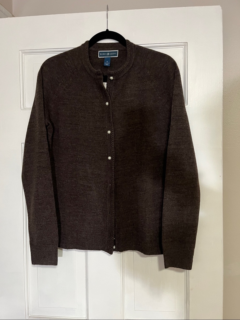 Karen Scott Dark Chocolate - Pearl Button-Up Cardigan. NWT